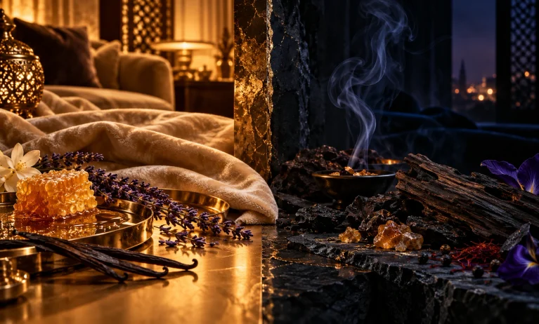 Warm golden honey and lavender contrast with dark incense and smoky woods, representing Le Male Elixir vs Rabanne Invictus Victory Elixir.