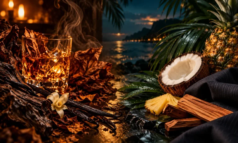 Warm tobacco and vanilla contrasted with tropical coconut and pineapple, representing Le Male Elixir vs Le Beau Le Parfum.