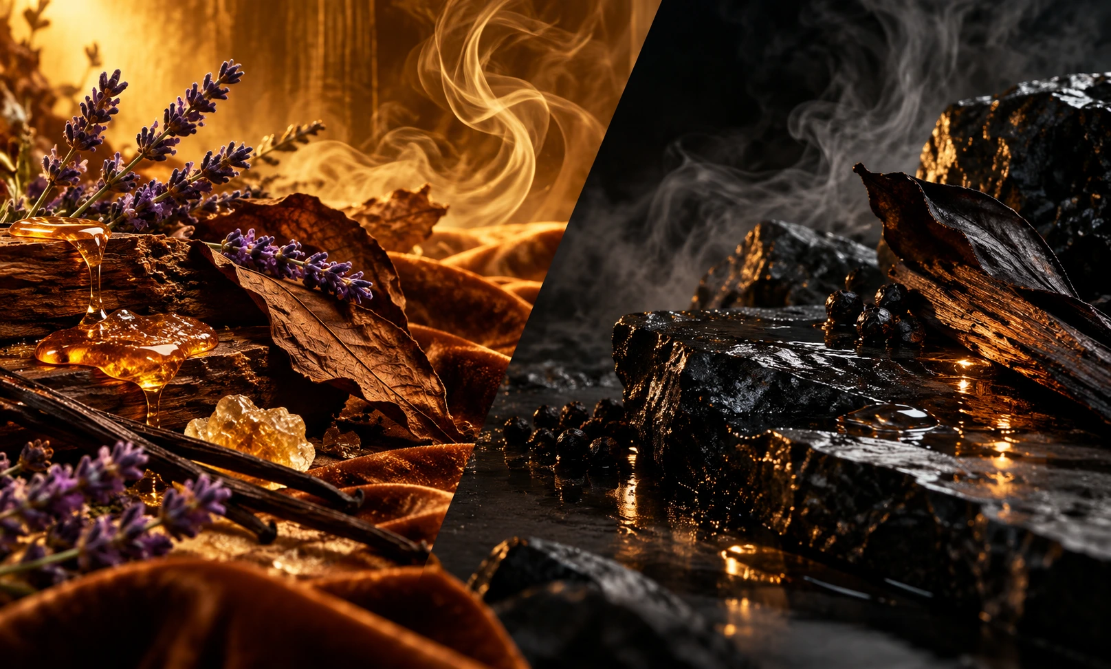 A cinematic contrast of golden honey, lavender, tobacco leaves, and warm smoke beside dark amber-lit stones and powdery black mist, representing Le Male Elixir versus Prada Luna Rossa Black.