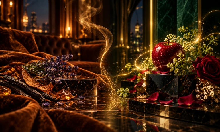 A luxurious split scene comparing the warm honey, tobacco, and lavender mood of Le Male Elixir with the fruity apple, rose, and golden character of Rabanne 1 Million Elixir.
