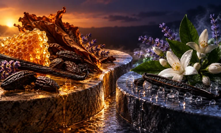 Honeycomb, tobacco, and tonka beans in golden light contrast with cool-lit orange blossoms, lavender, and vanilla, representing Le Male Elixir vs Rabanne Phantom Intense.