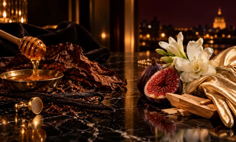 A luxury nighttime fragrance comparison scene with honey, tobacco, vanilla, dark fig, white tuberose, and sandalwood representing Le Male Elixir vs Scandal Absolu