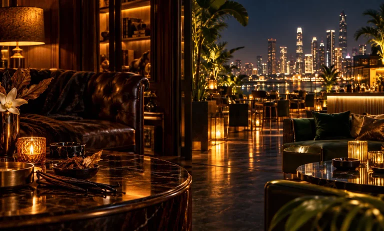 Warm luxury lounge and vibrant city nightlife setting representing the contrast between Le Male Elixir and Scandal Pour Homme.