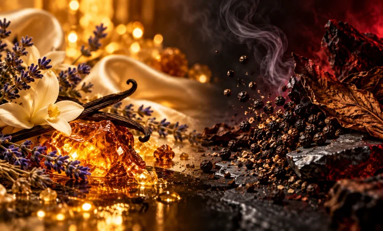 Golden vanilla and lavender notes contrasted with black pepper, tobacco, and smoke, representing Le Male Elixir vs Viktor&Rolf Spicebomb Extreme.