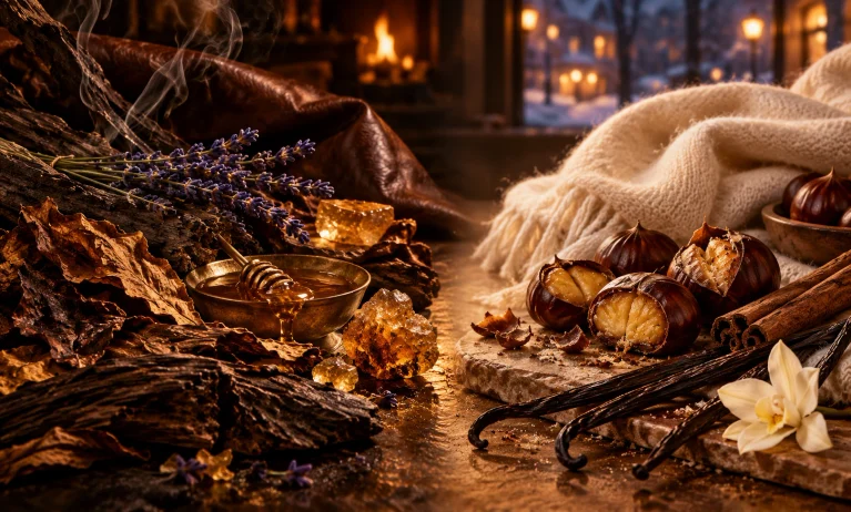 Warm winter fragrance comparison scene with honey, tobacco leaves, lavender, chestnuts, cinnamon, and vanilla representing Le Male Elixir and Stronger With You Intensely