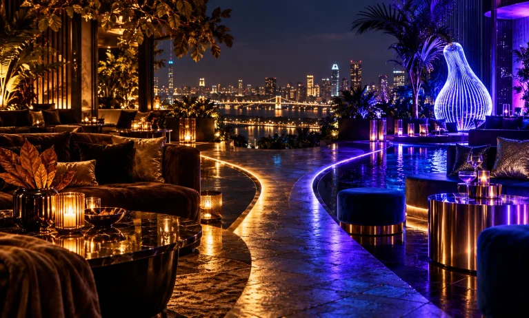Warm golden lounge and vibrant violet nightlife setting representing the choice between Le Male Elixir and Ultra Male