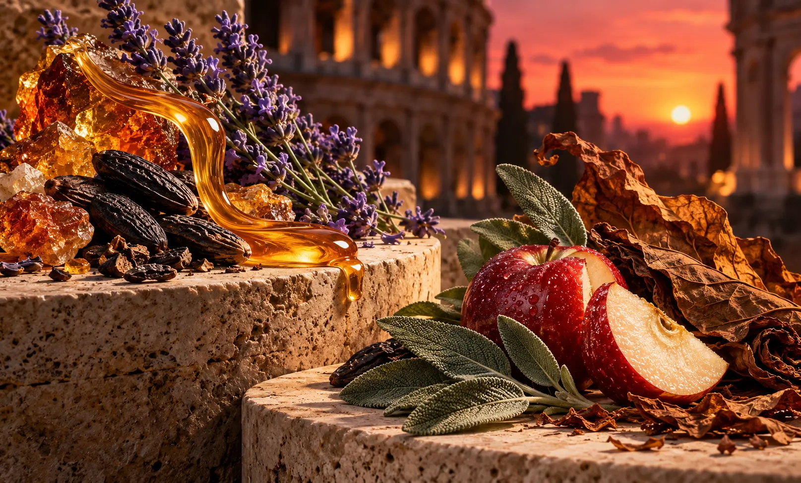Honey, lavender, and tonka beans beside red apple, sage, and tobacco, representing Le Male Elixir vs Valentino Uomo Born in Roma Coral Fantasy.