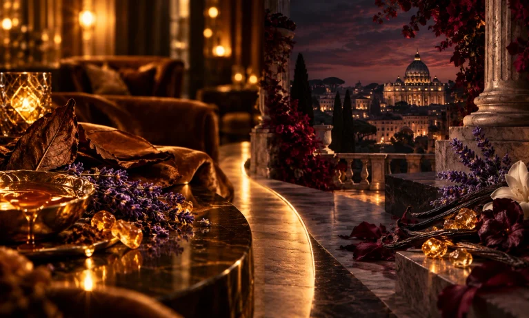 Luxury visual comparison of warm honey tobacco notes and elegant Roman vanilla lavender atmosphere