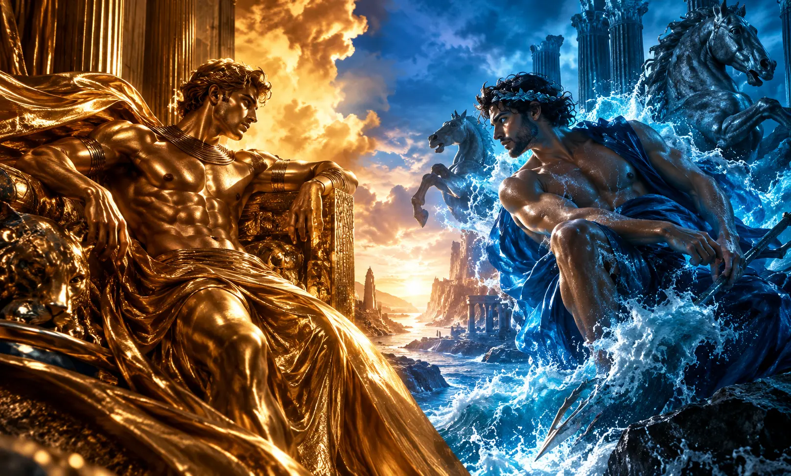 Le Male Elixir vs Versace Eros Eau de Parfum comparison represented by warm golden intensity and cool blue Mediterranean energy