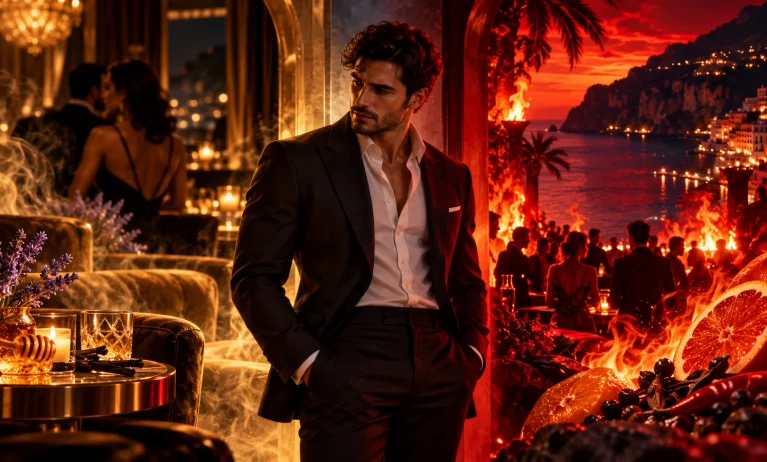 Le Male Elixir vs Versace Eros Flame comparison illustrated by a luxurious golden evening atmosphere and fiery red nightlife, highlighting two contrasting masculine fragrance styles.