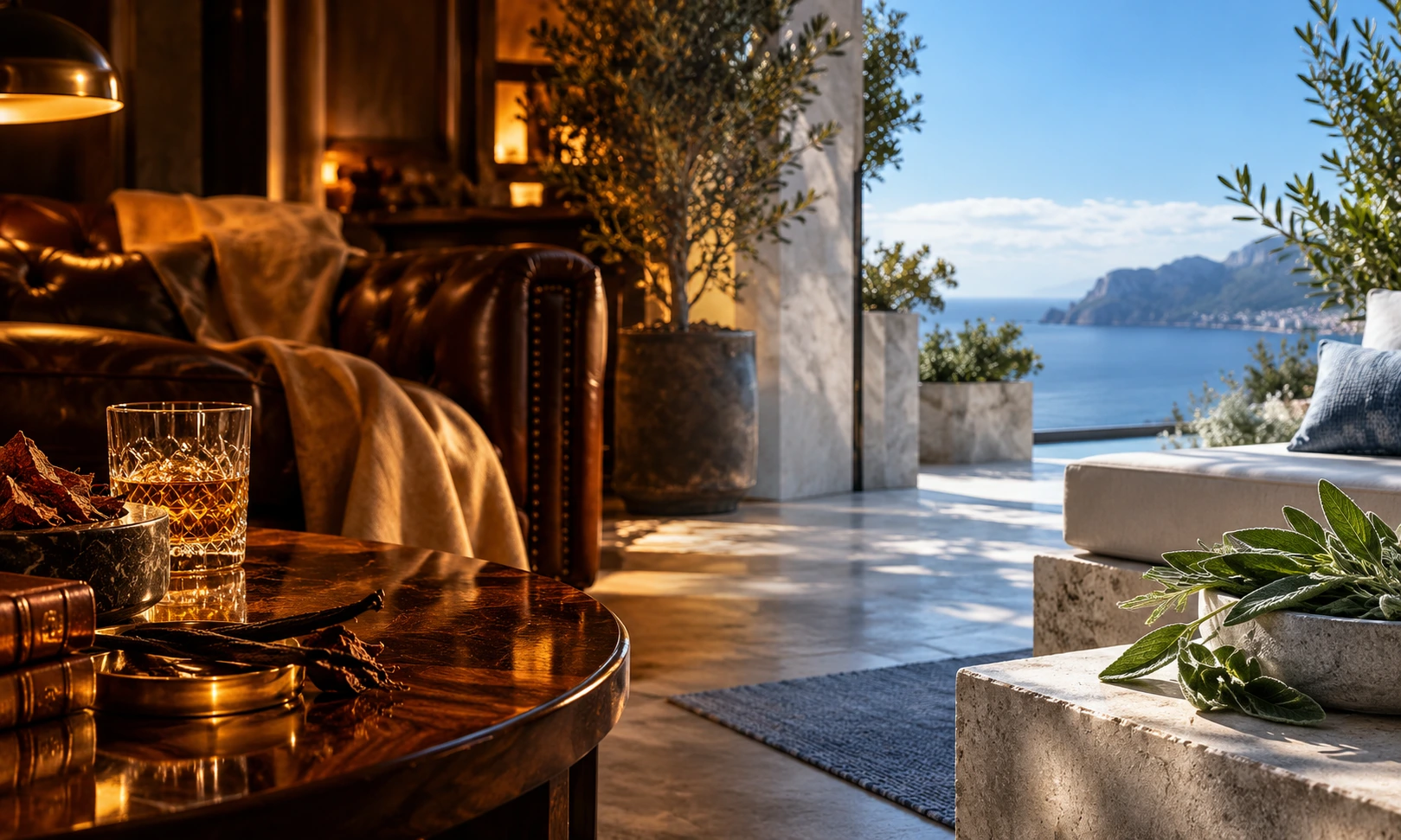 Warm evening lounge and fresh blue coastal terrace representing Le Male Elixir versus YSL Y Eau de Parfum