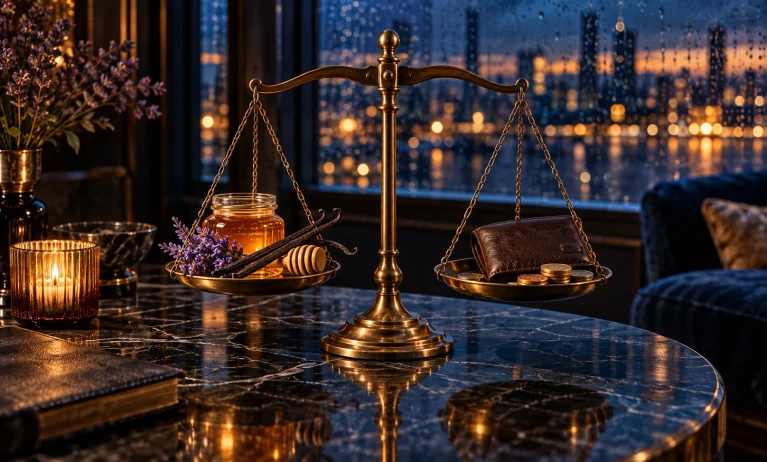 Brass scale balancing honey, vanilla, and lavender against a wallet to represent whether Jean Paul Gaultier Le Male Elixir is worth its price.