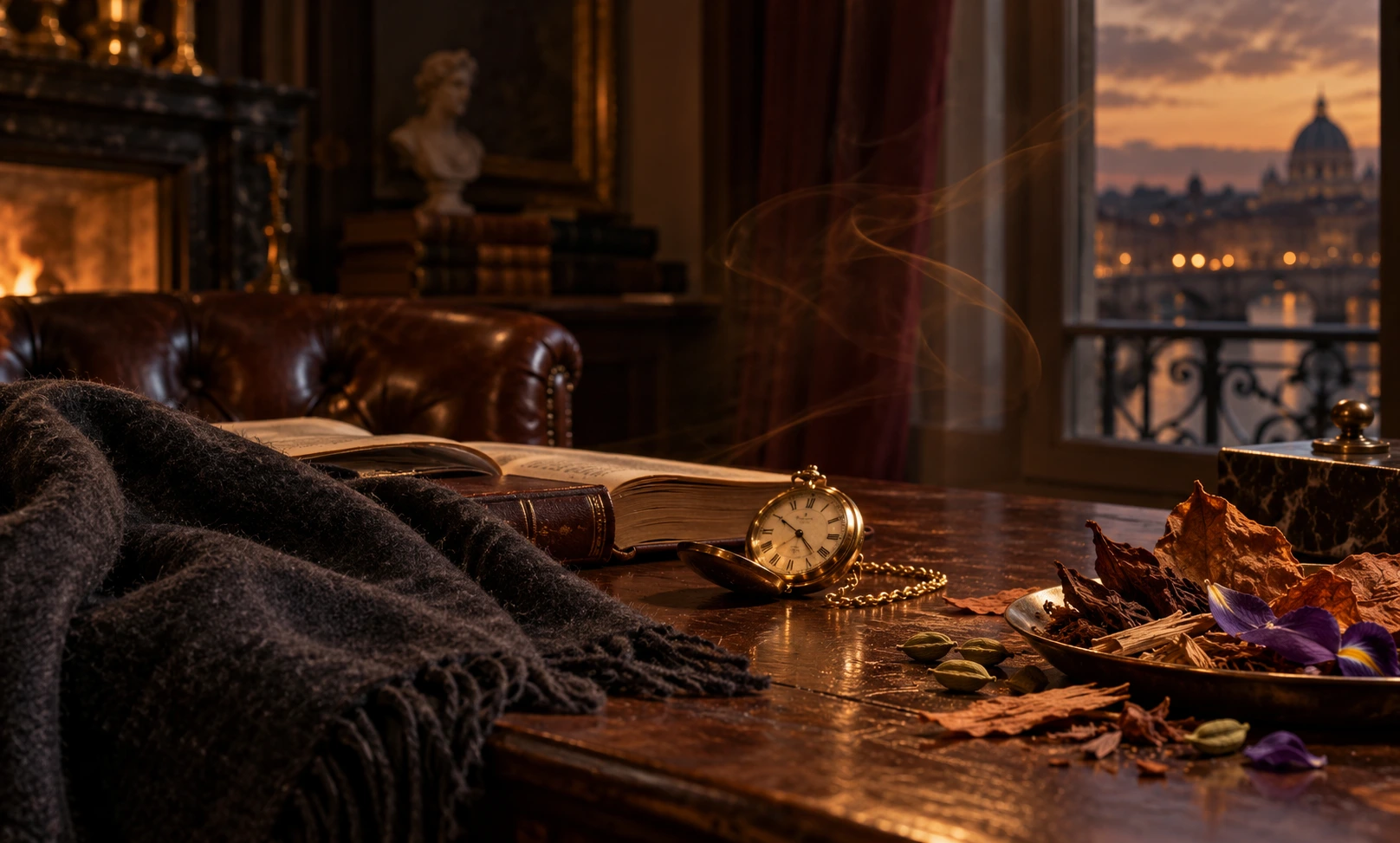 Elegant evening study with leather, cedar, tobacco leaves, iris petals, and warm amber light representing mature alternatives to Le Male Elixir.