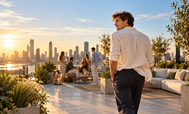 Stylish young man arriving at a sunset rooftop gathering, representing more youthful alternatives to Jean Paul Gaultier Le Male Elixir.