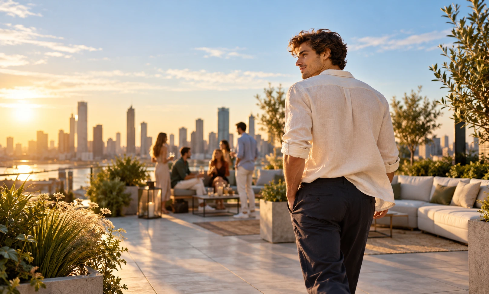 Stylish young man arriving at a sunset rooftop gathering, representing more youthful alternatives to Jean Paul Gaultier Le Male Elixir.