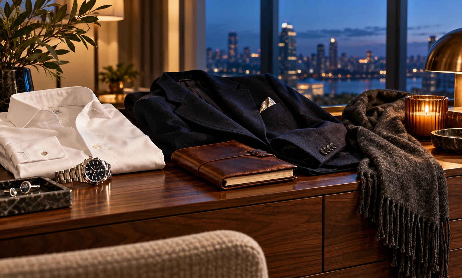 A curated men’s fragrance wardrobe with a white shirt, navy blazer, watch, leather journal, and winter scarf representing different Jean Paul Gaultier Le Male occasions.