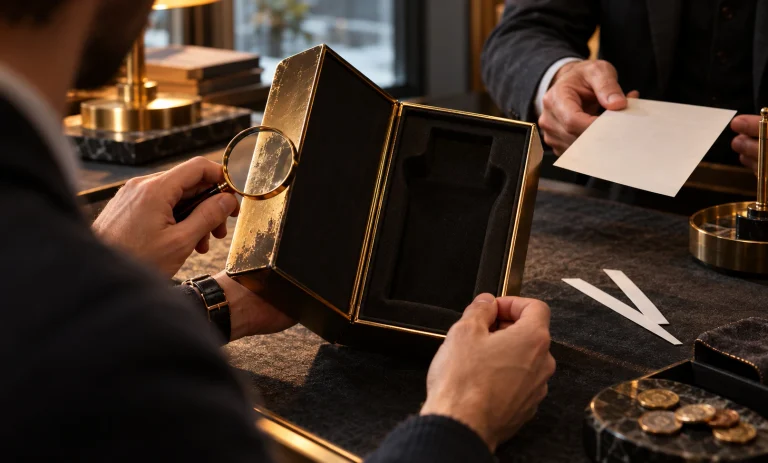 Buyer inspecting a worn gold fragrance case beside scent strips before purchasing used or partial Le Male Elixir.
