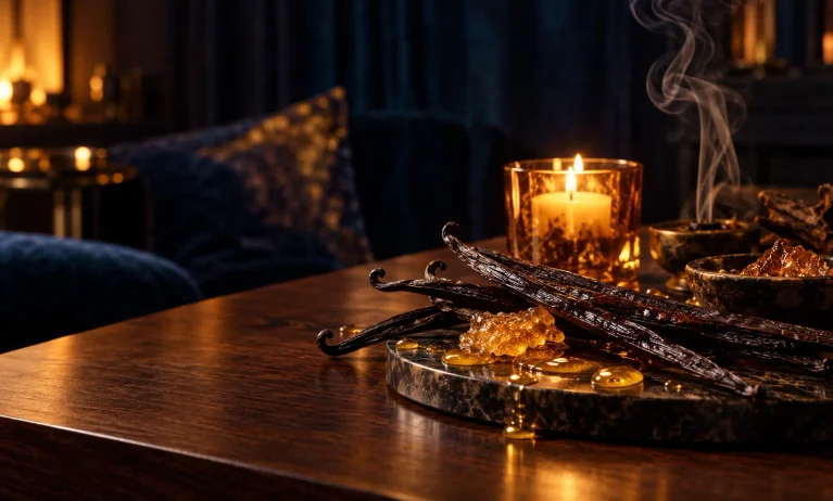 Warm vanilla pods, golden honey, candlelight, and smoky amber tones representing rich sweet fragrances similar to Le Male Elixir.