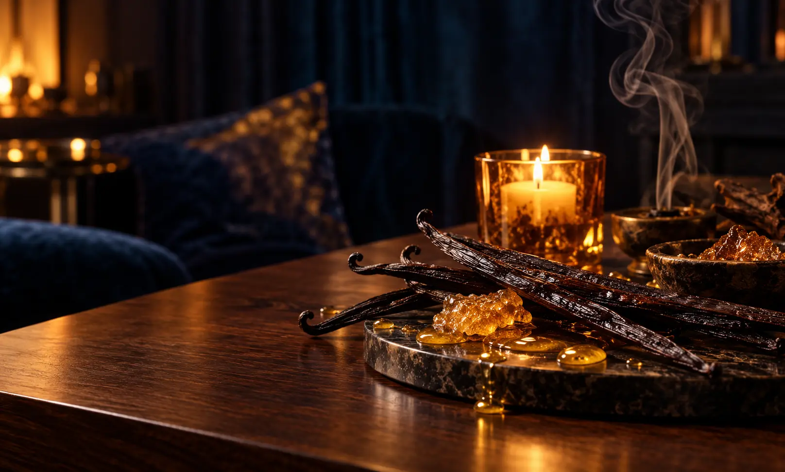 Warm vanilla pods, golden honey, candlelight, and smoky amber tones representing rich sweet fragrances similar to Le Male Elixir.