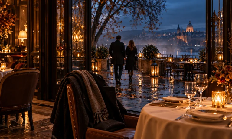 Couple on a candlelit restaurant terrace on a cool autumn evening, illustrating when to wear Le Male Elixir.