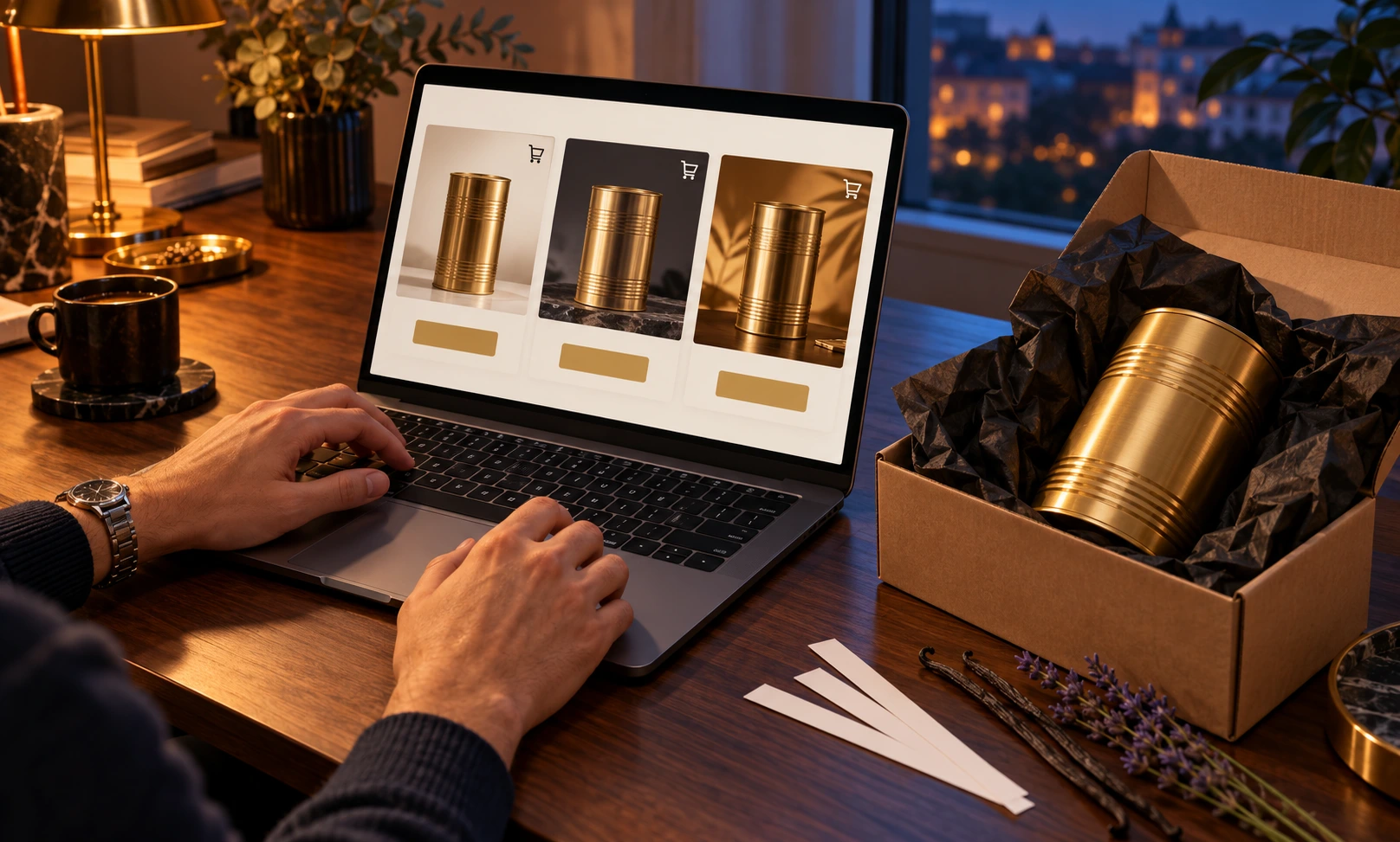 Shopper comparing fragrance offers on a laptop beside an open delivery box with gold packaging.