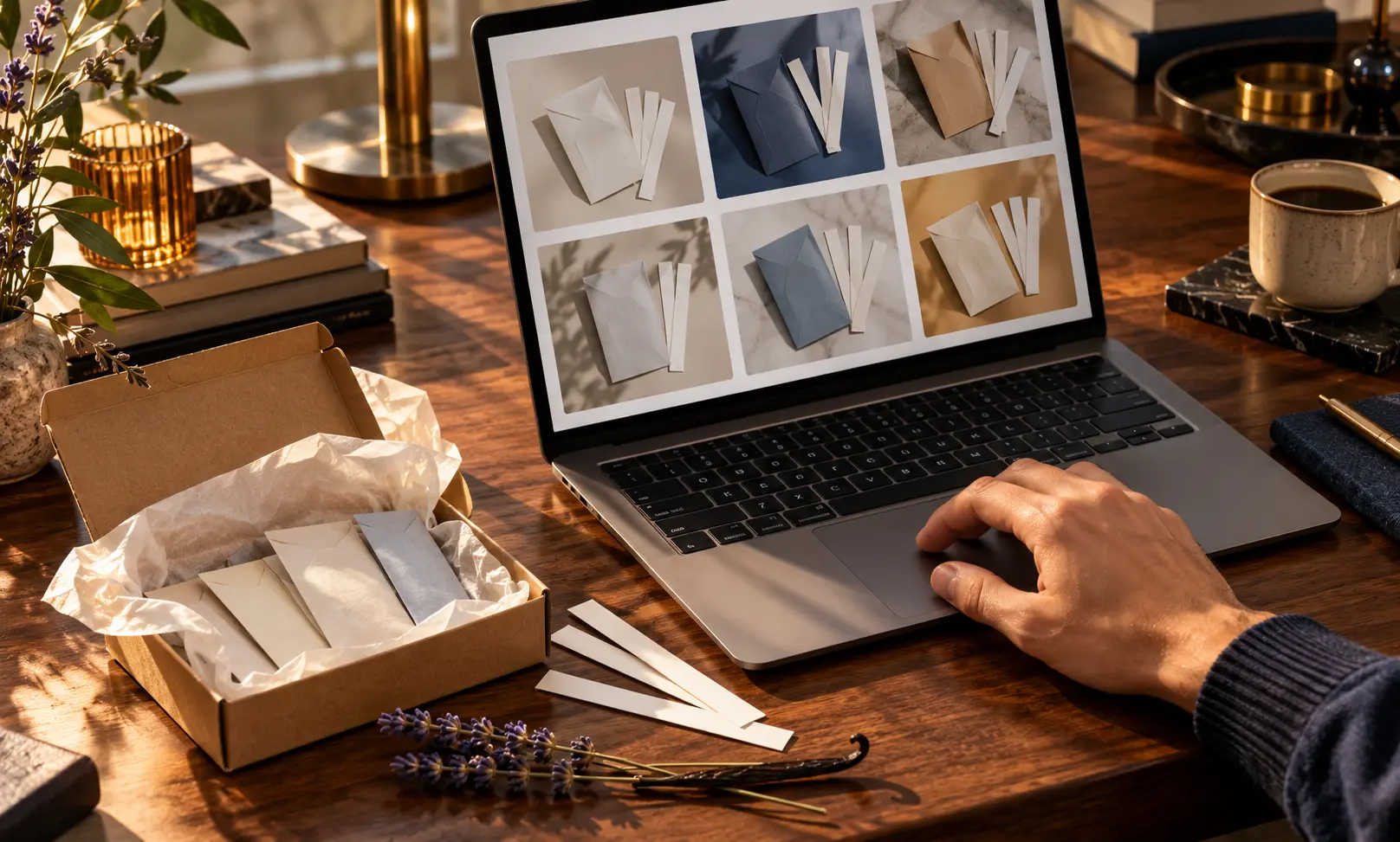Shopping for fragrance samples online on a laptop beside an open delivery box, scent strips, lavender, and vanilla.