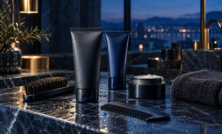 Luxury Bleu de Chanel-inspired grooming products arranged on a dark blue bathroom vanity, including cleansing, hair care, and moisturizer essentials