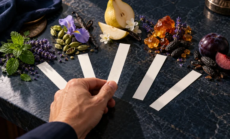Hand choosing among five fragrance testing strips beside mint, lavender, iris, pear, amber resin, and plum, representing Le Male scent options.