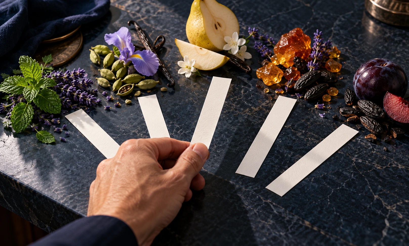 Hand choosing among five fragrance testing strips beside mint, lavender, iris, pear, amber resin, and plum, representing Le Male scent options.