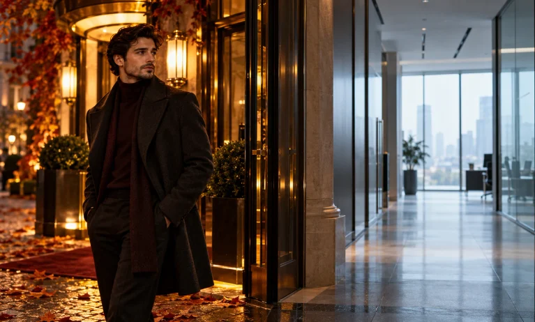 Stylish man outside a warm autumn hotel entrance contrasted with a quiet modern office, illustrating who Le Male Elixir suits best.