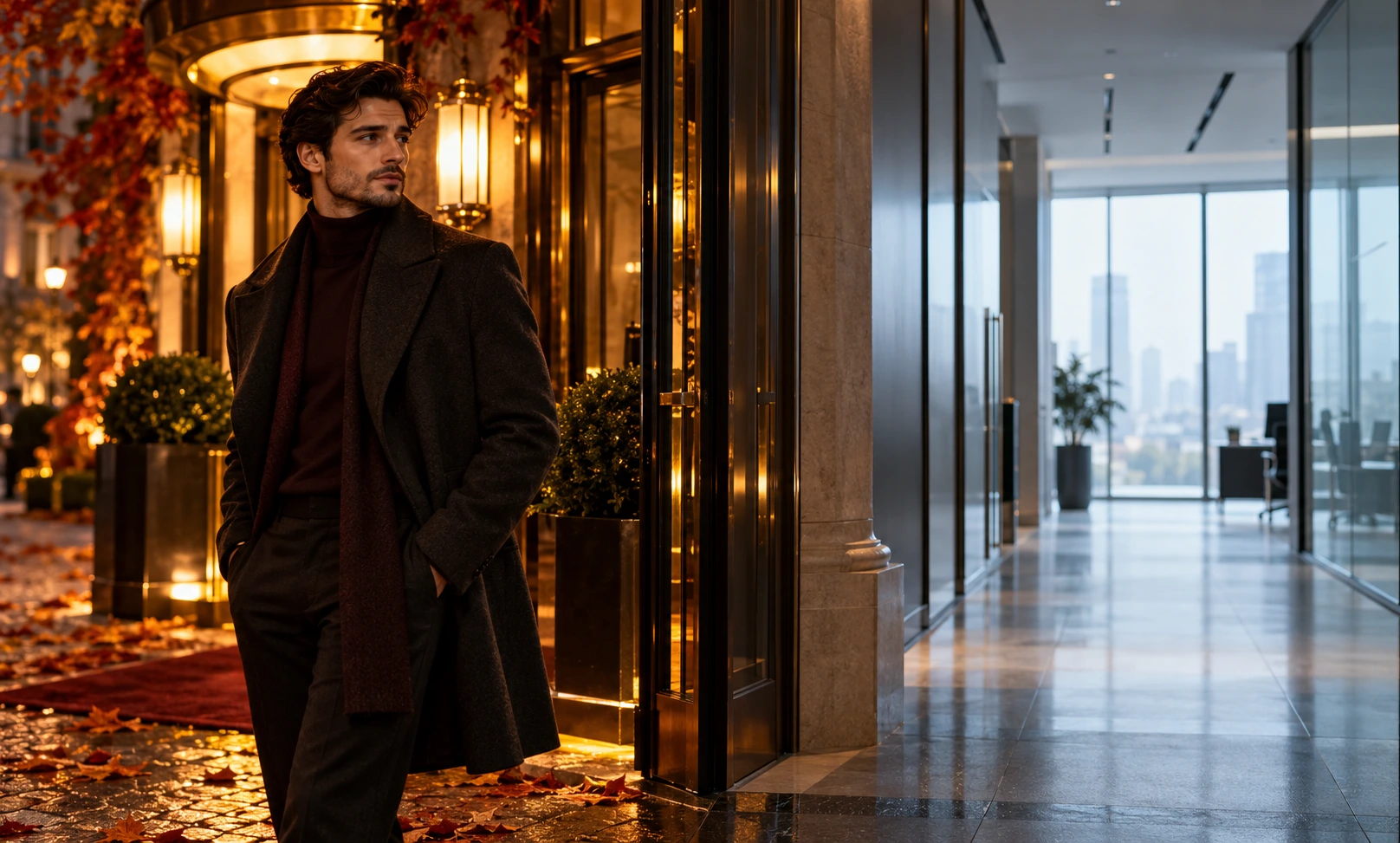 Stylish man outside a warm autumn hotel entrance contrasted with a quiet modern office, illustrating who Le Male Elixir suits best.