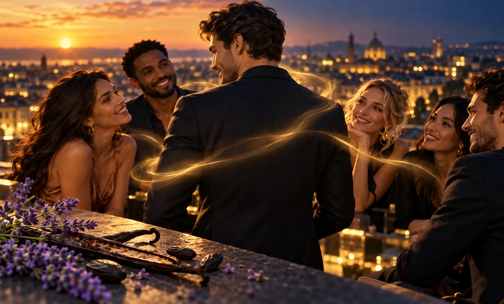 Friends gathering at sunset with golden scent trails and lavender, symbolizing the social appeal of Le Male Elixir.